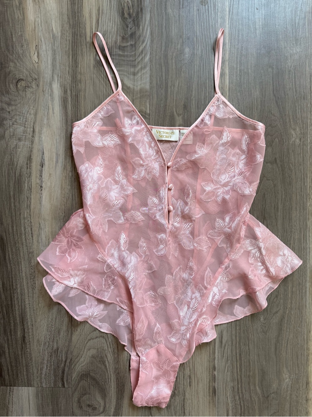 VTG Victoria's Secret Gold Label Pink Floral Burnout Teddy Bodysuit Petite P